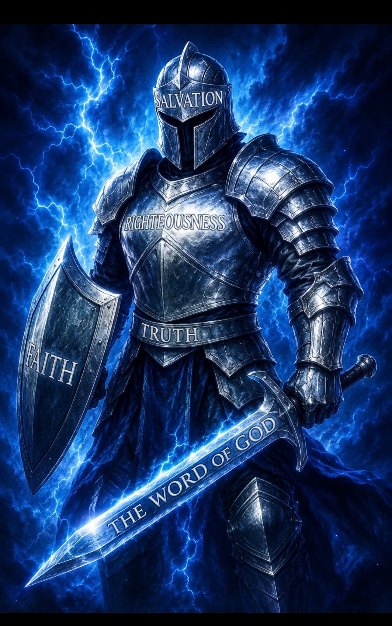 A knight in the whole armor of God — the helmet of salvation, breastplate of righteousness, shield of faith, belt of truth, and the sword of the Word of God