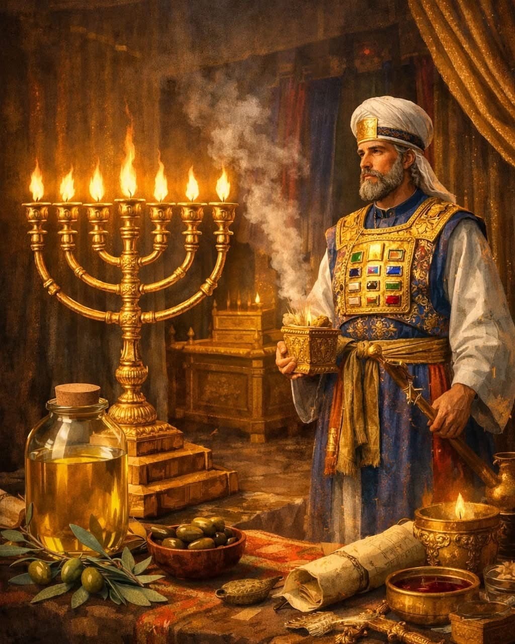 A priest lighting the golden menorah in the tabernacle with olive oil