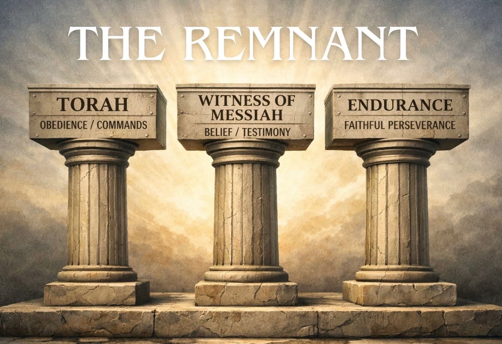 Three stone pillars labeled Torah, Witness of Messiah, and Endurance — “The Remnant”