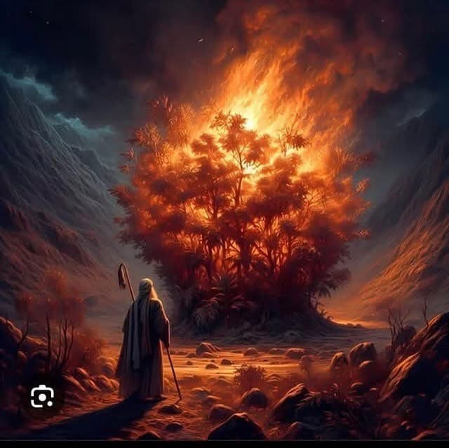 Moses before the burning bush in the wilderness (Exodus 3)